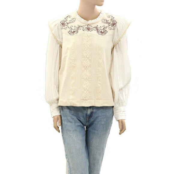 270970 Free People Floral Embroidered Blouse Top Swiss Dot Crochet Lace M New - Picture 1 of 4